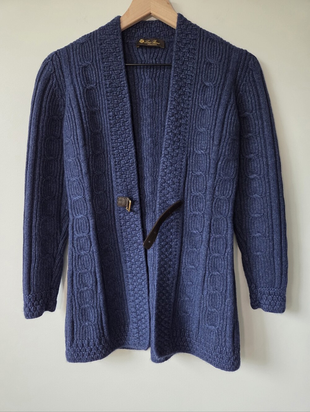Loro Piana Blue Cable Knit Cardigan Sweater Womens Size EU 42 Missing Buckle